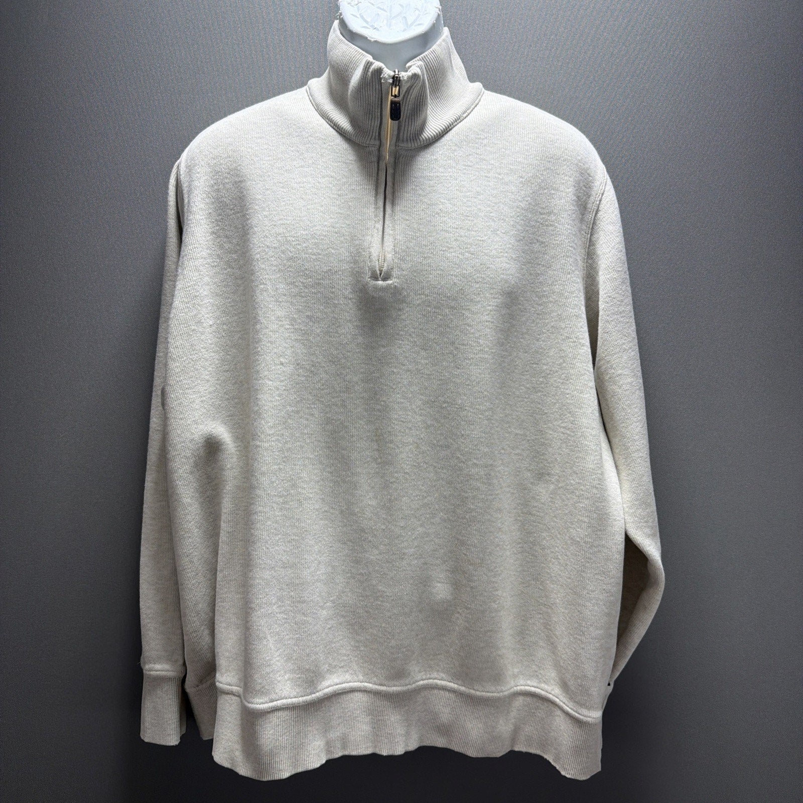 Eddie Bauer Quarter Zip Pullover Sweater Mens XL Beige Cotton Mock Neck