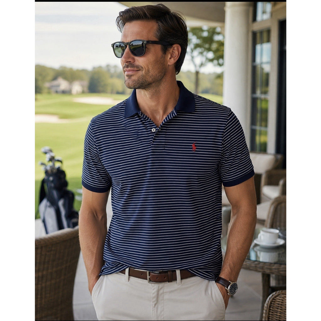 Polo Ralph Lauren Performance Polo Shirt Men L Navy White Stripe Golf Stretch