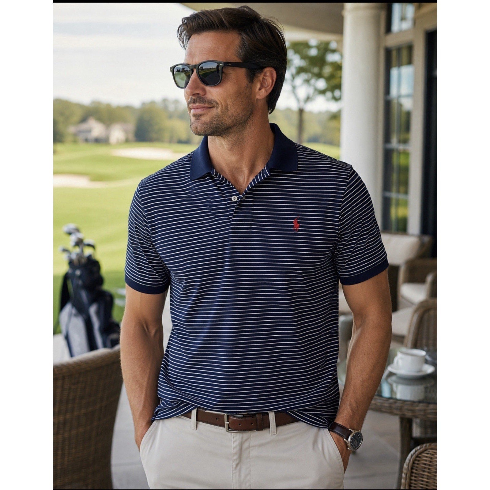 Polo Ralph Lauren Performance Polo Shirt Men L Navy White Stripe Golf Stretch