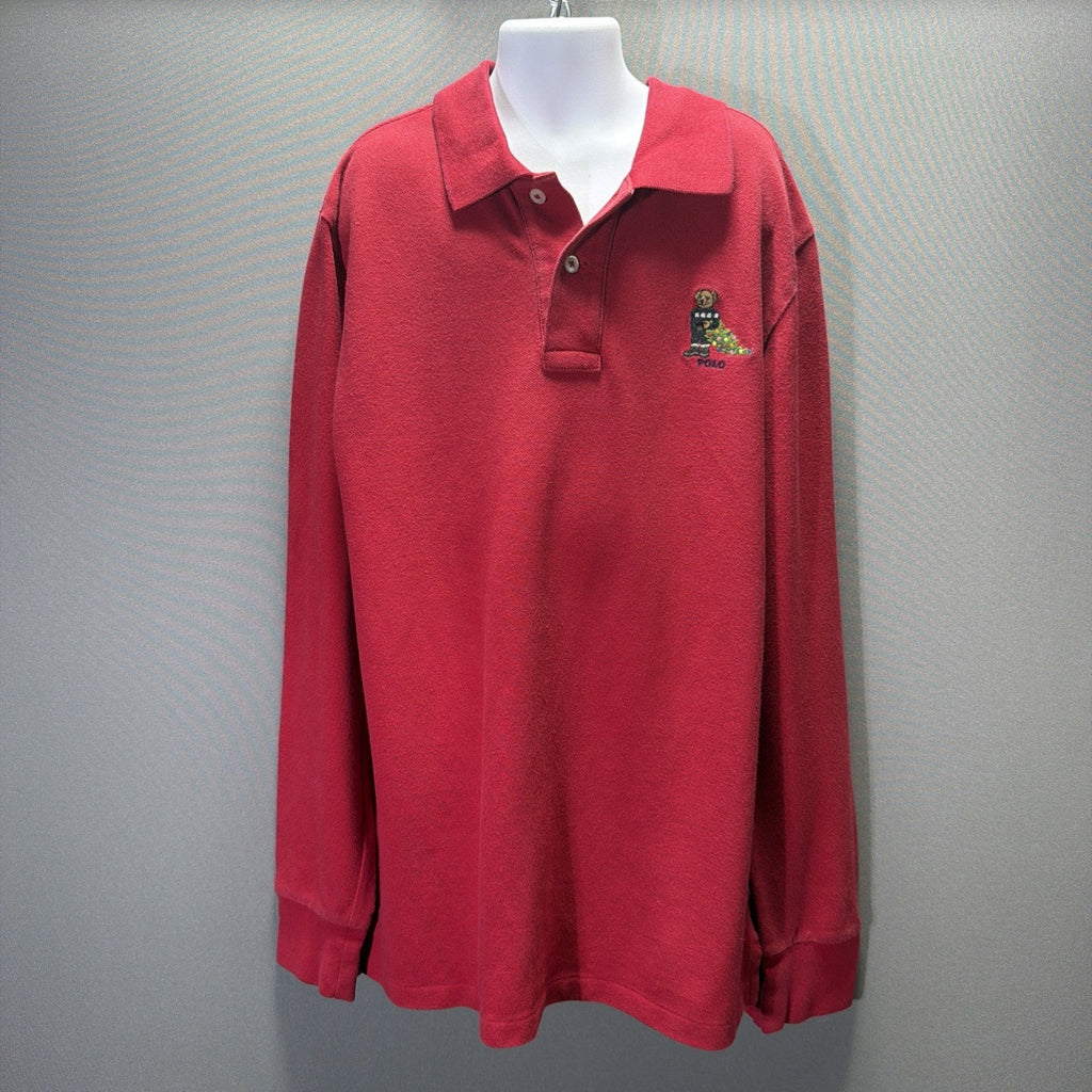 Polo Ralph Lauren Shirt Boys L Red Bear Christmas Tree Long Sleeve Pique Polo