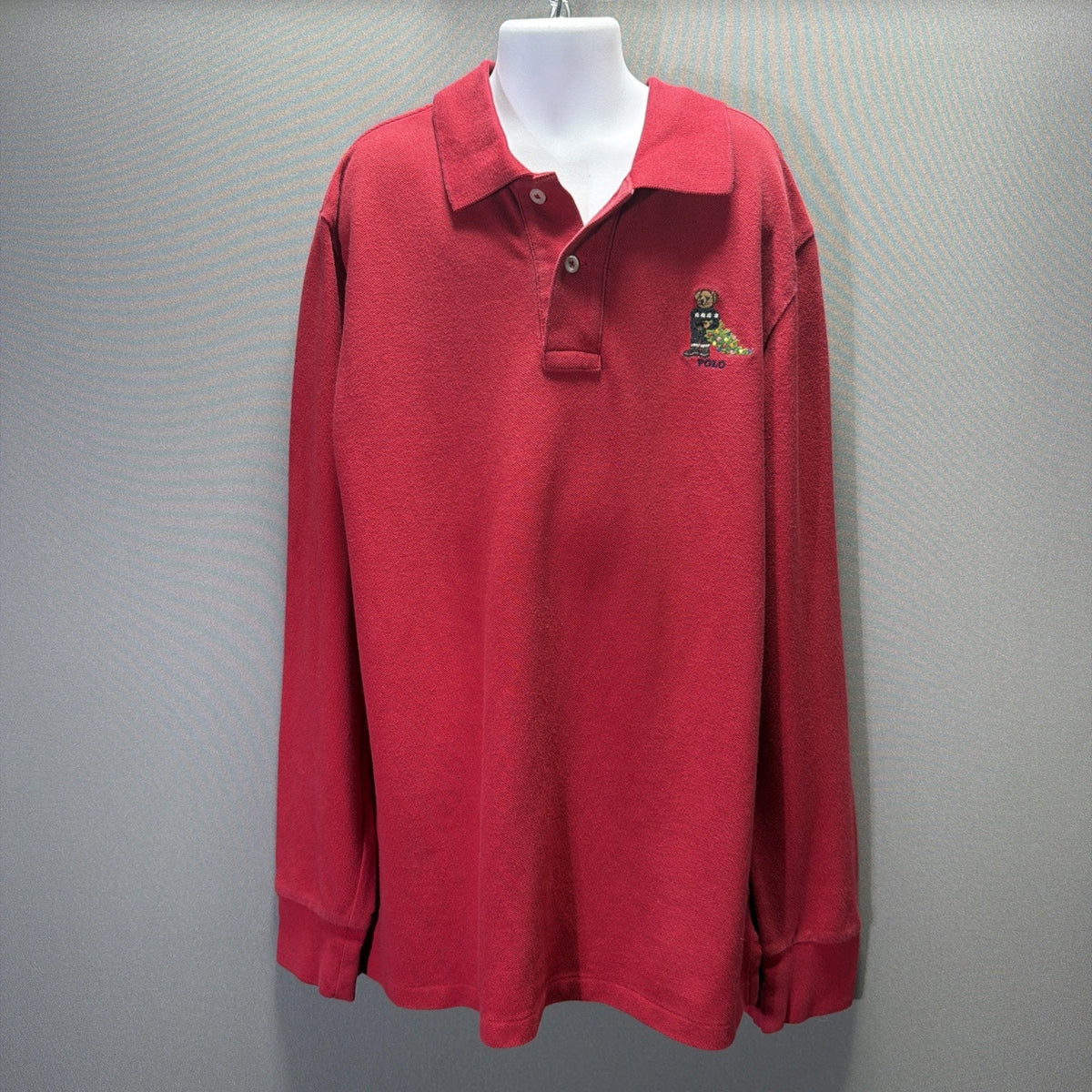 Polo Ralph Lauren Shirt Boys L Red Bear Christmas Tree Long Sleeve Pique Polo