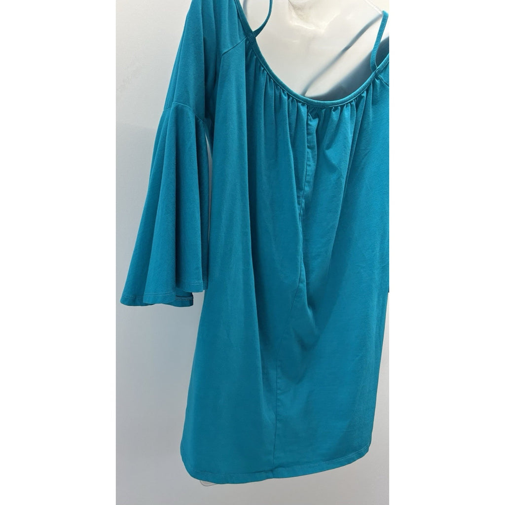 Umgee Mixed Media Boho Blouse Bell Sleeve Size Small Green.