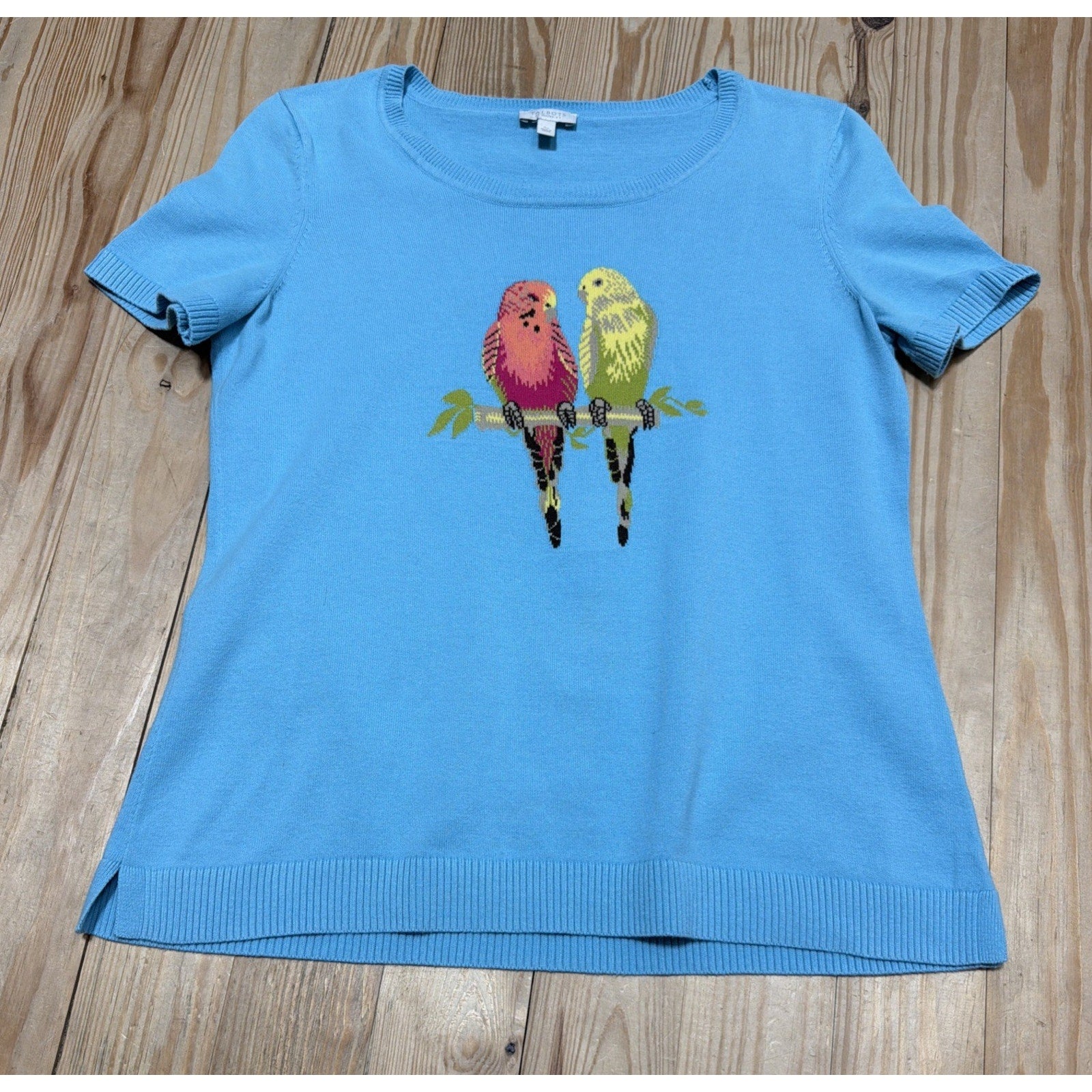 Talbots Embroidered Parakeet Birds Blue Short Sleeve Sweater Small Petite