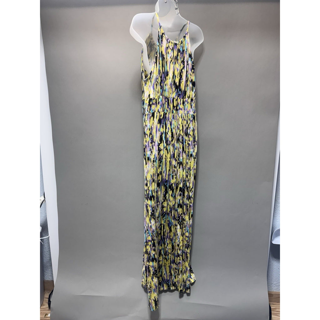 Alison Brittany Maxi Dress Women Large Yellow Purple Abstract Sleeveless Stretch