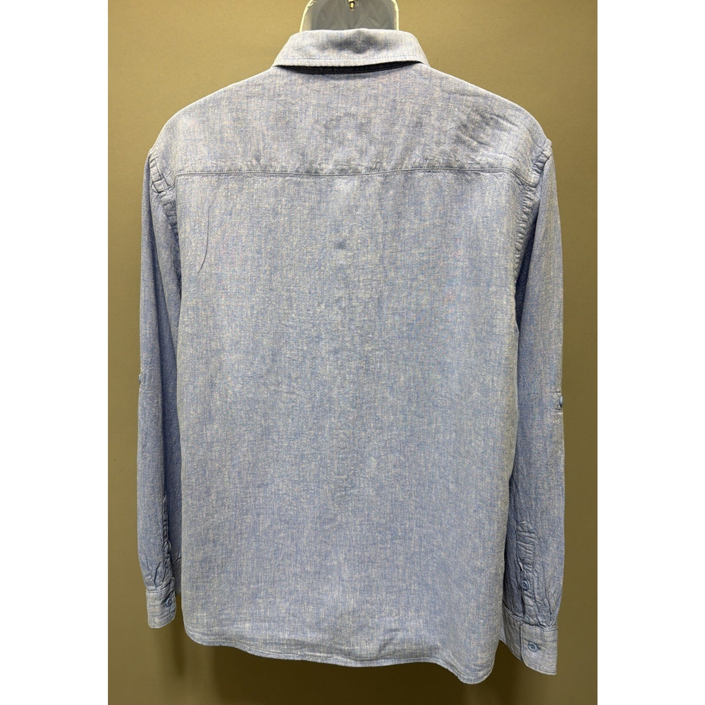 Magaschoni Men’s Linen Blend Slong Sleeve Roll Tab Button Down Shirt Blue L