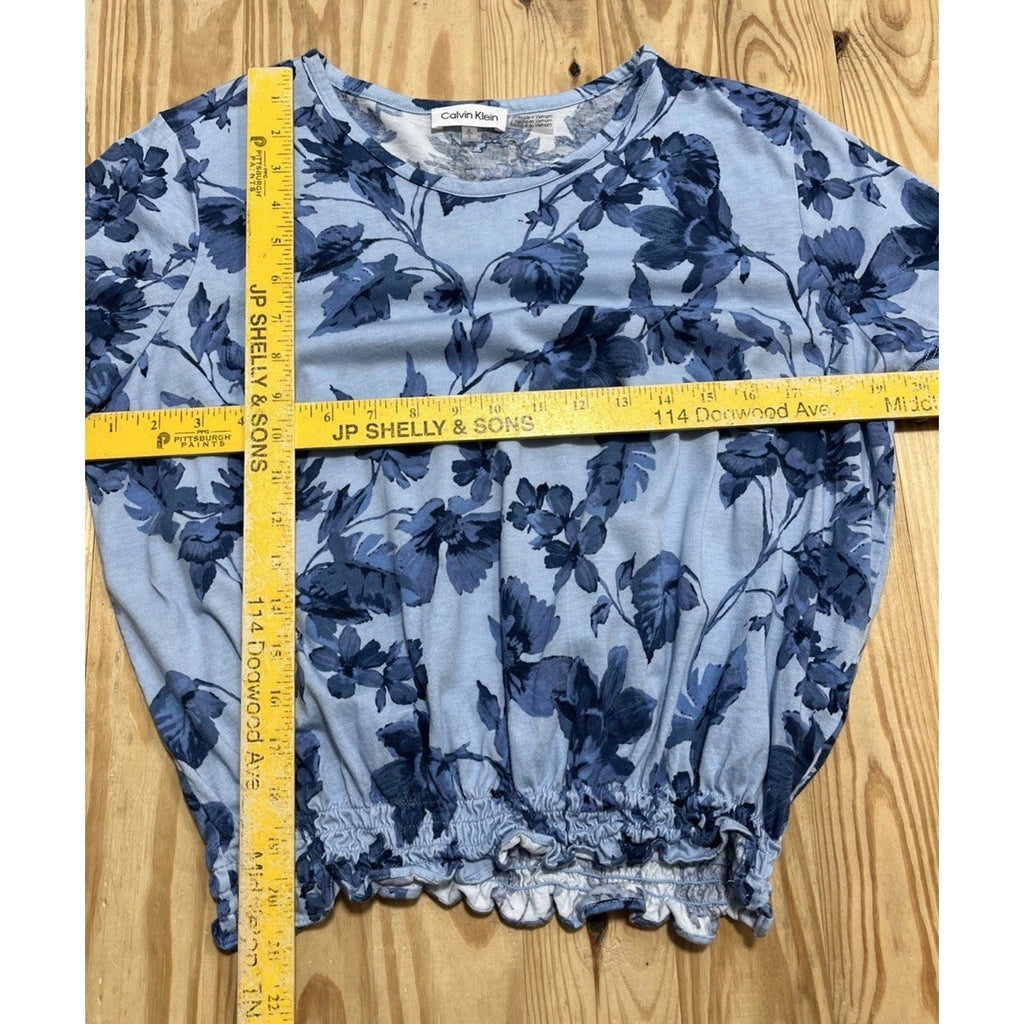 NWT Calvin Klein Women's Crew Neck Floral Print Smocked Hem Short sleeve Top- S