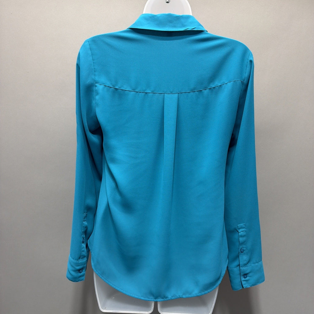 Express Womens Portofino Shirt XS Aqua Blue Button Up Shirt Sheer Collared