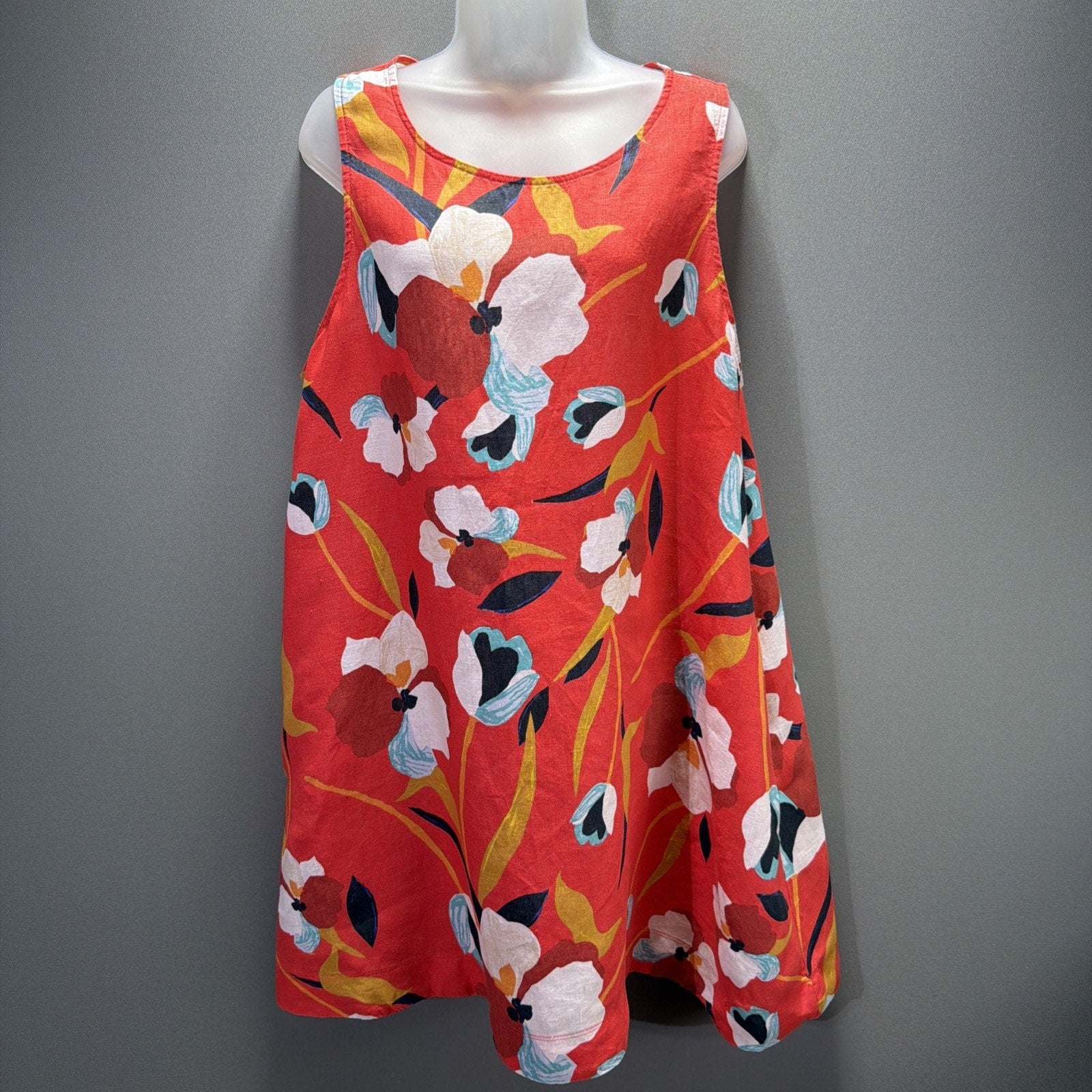 Sigrid Olsen 100% Linen Floral Shift Dress Women's XL Sleeveless Pockets Beachy