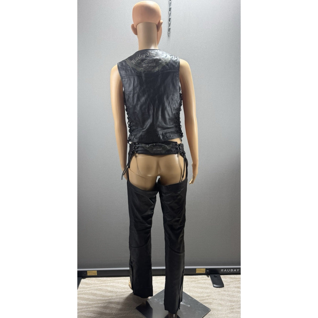 Harley-Davidson Leather Vest & Chaps Matching Set Green Wing Logo Black
