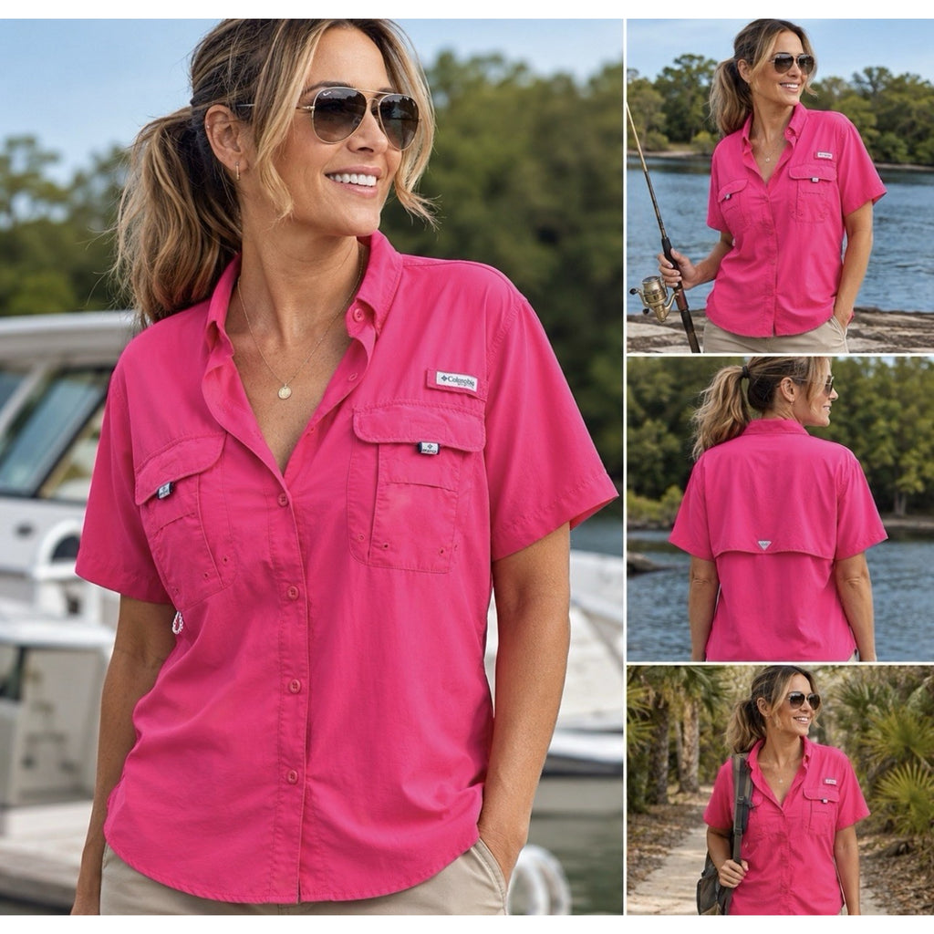 Columbia PFG Bahama Women’s XL Pink Vented Fishing Shirt Short Sleeve Button Up