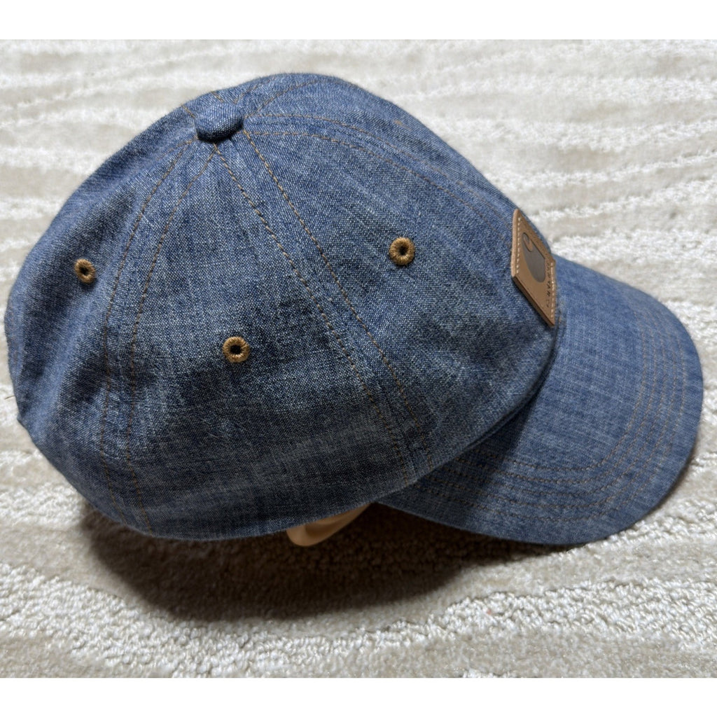 Carhartt Denim Dad Hat Cap Blue Adjustable Leather Logo Patch 100% Cotton
