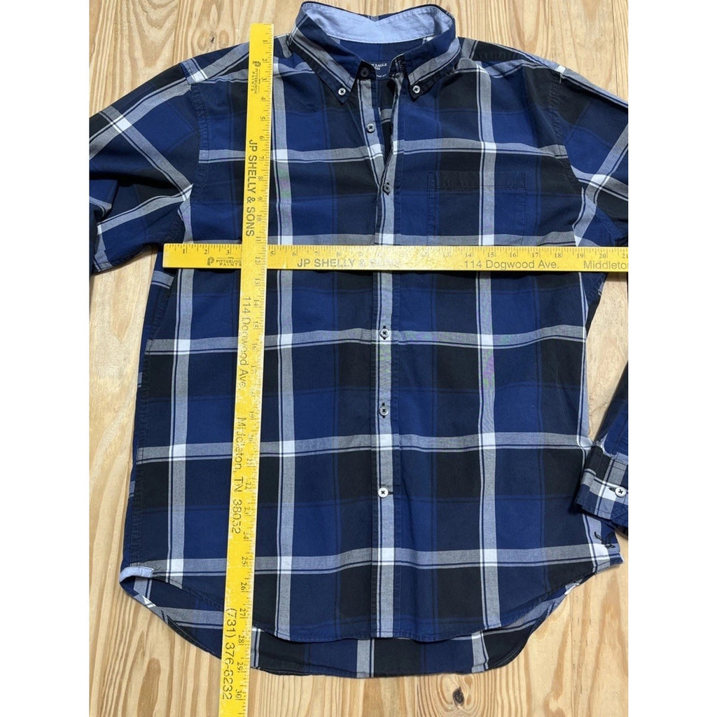MENS AMERICAN EAGLE BLUE BLACK BUTTON UP SHIRT PREP FIT LONG SLEEVE AE SIZE L