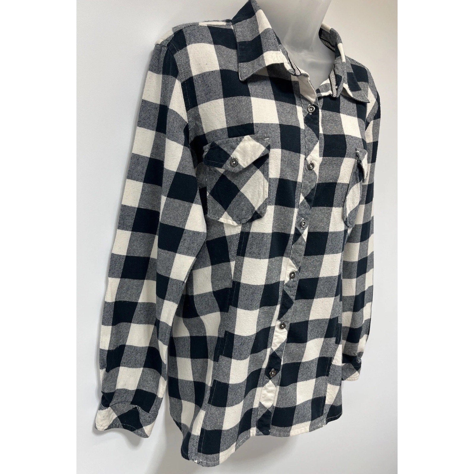Natural Reflections Womens XL Plaid Flannel Shirt White Buffalo Check Boyfriend