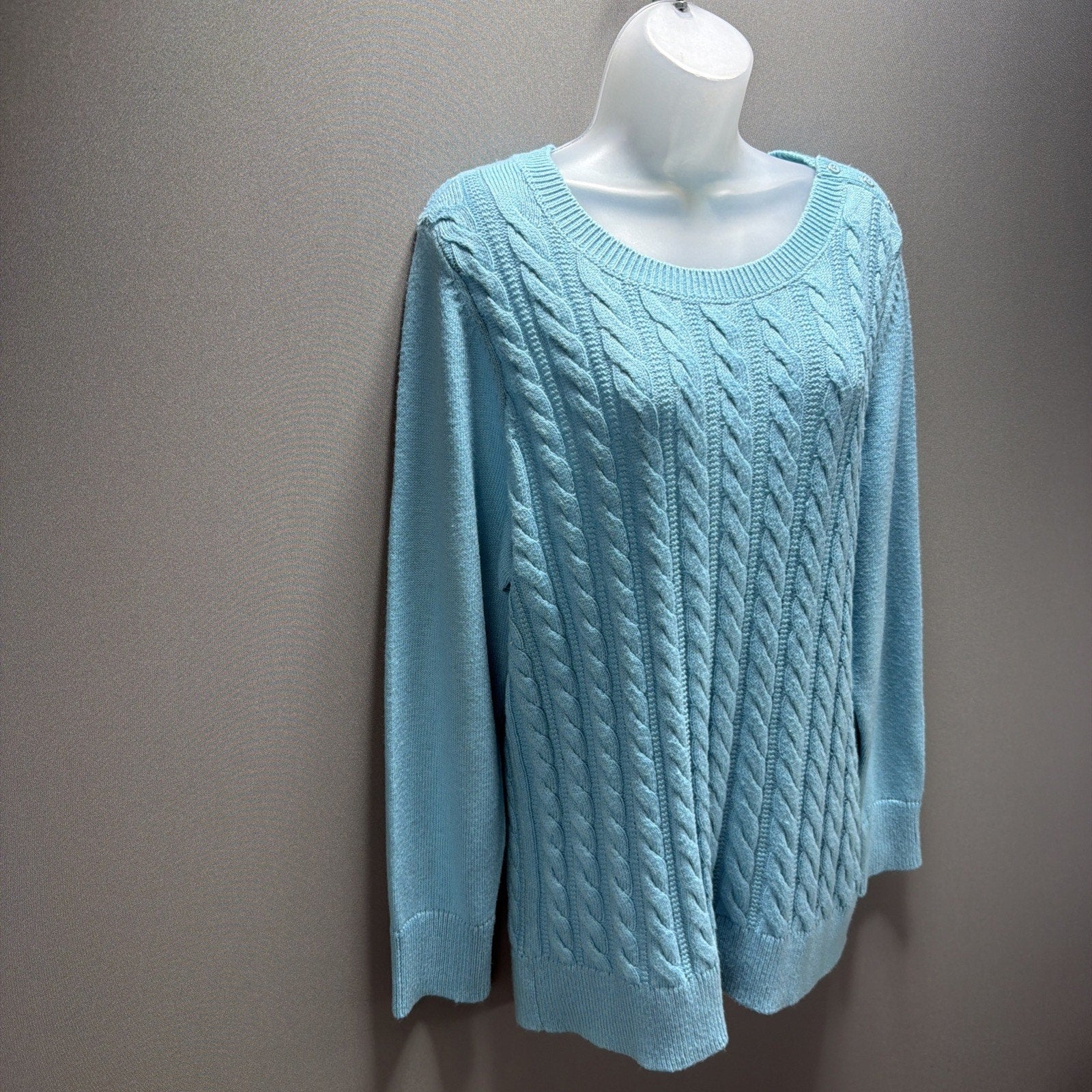 Talbots Plus 1X Cable Knit Sweater Shoulder Button Detail Aqua Blue New W Tag