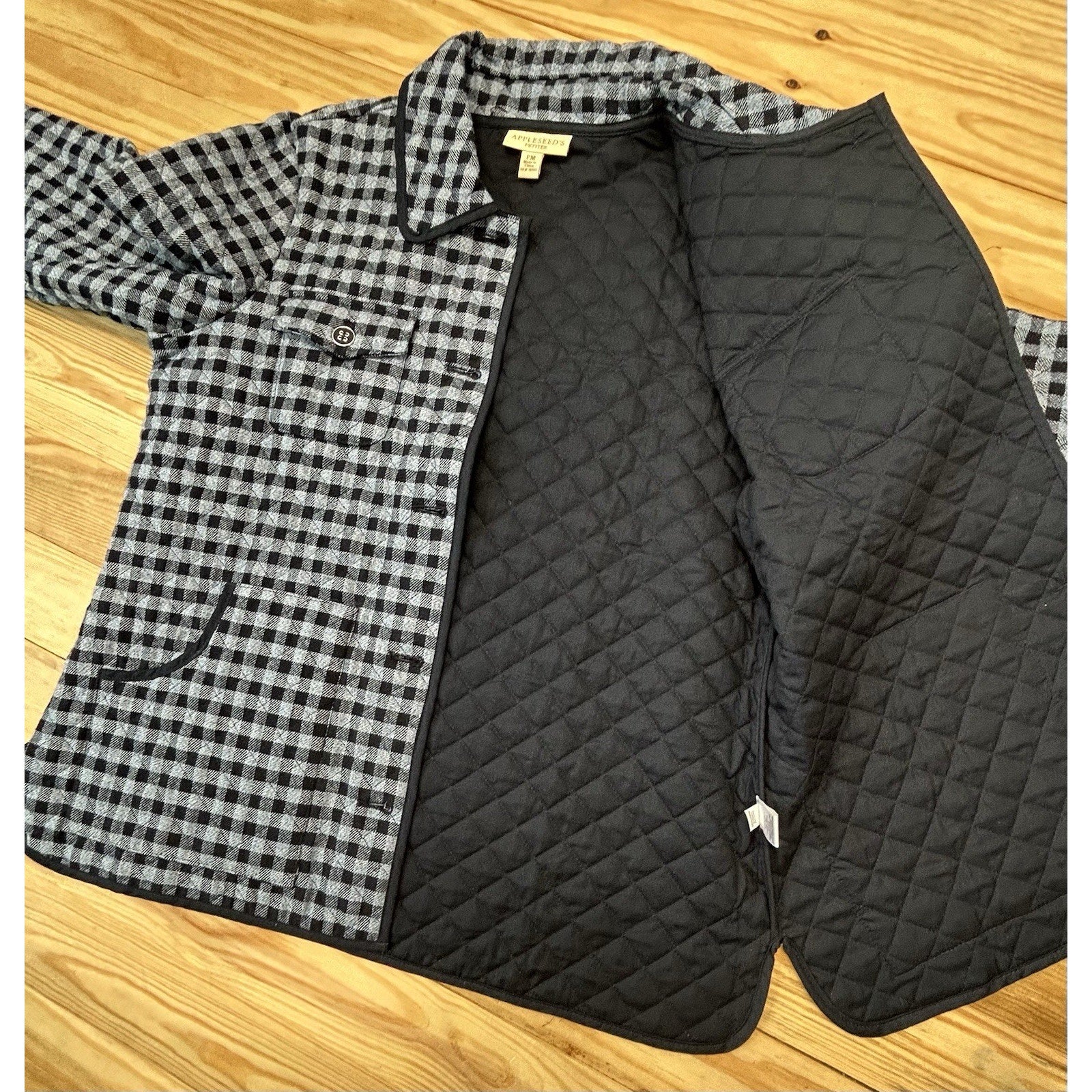 Appleseeds Women’s Petite PM Navy PLAID Quilted Reversible Jacket