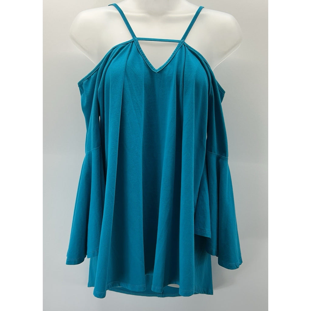 Umgee Mixed Media Boho Blouse Bell Sleeve Size Small Green.