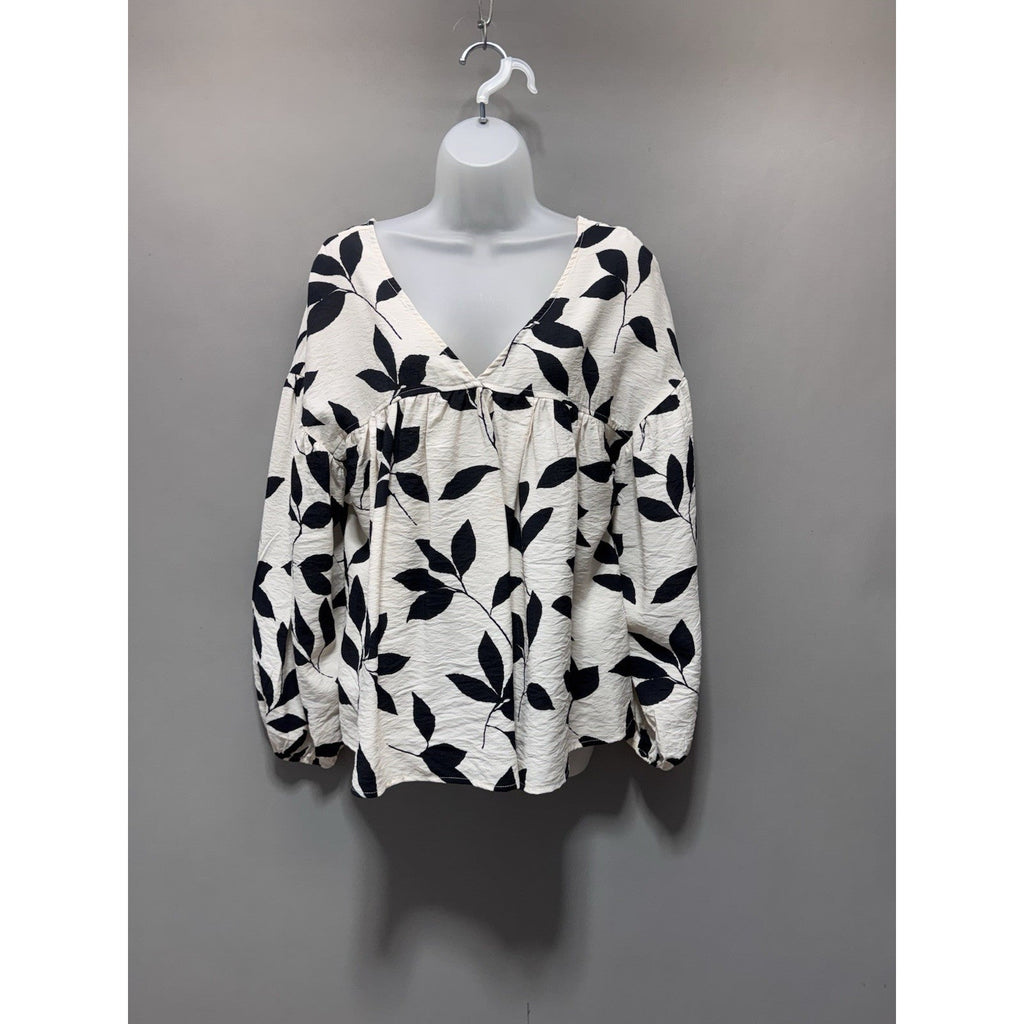 Ces Femme Abigail Top White With Black Floral Design Long Sleeve Women’s Medium