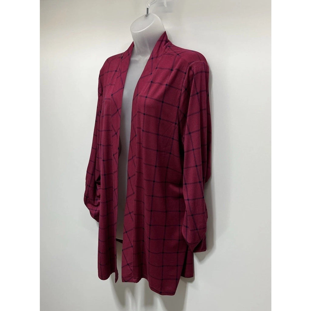 Kim Rogers Women Fuschia Check Roll Tab Sleeve Cardigan Size 1X