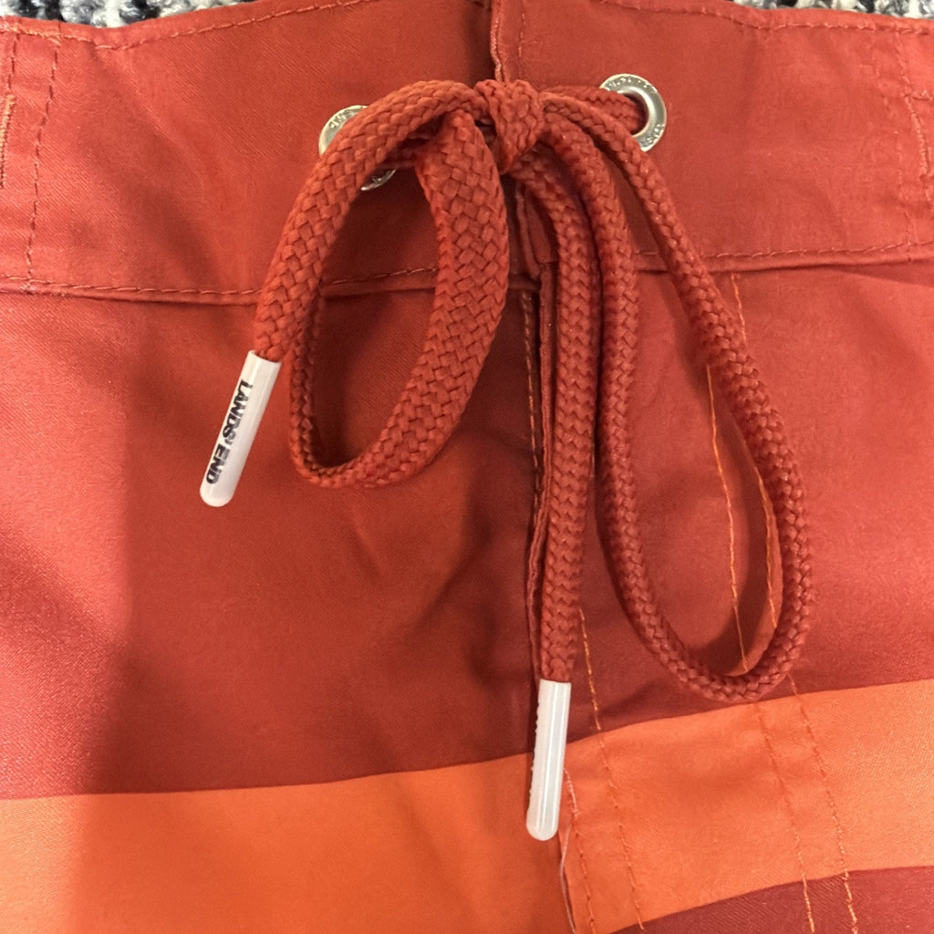 Men's Lands End Orange Striped Print Swim Trunks Shorts NWOT Size L 36-38