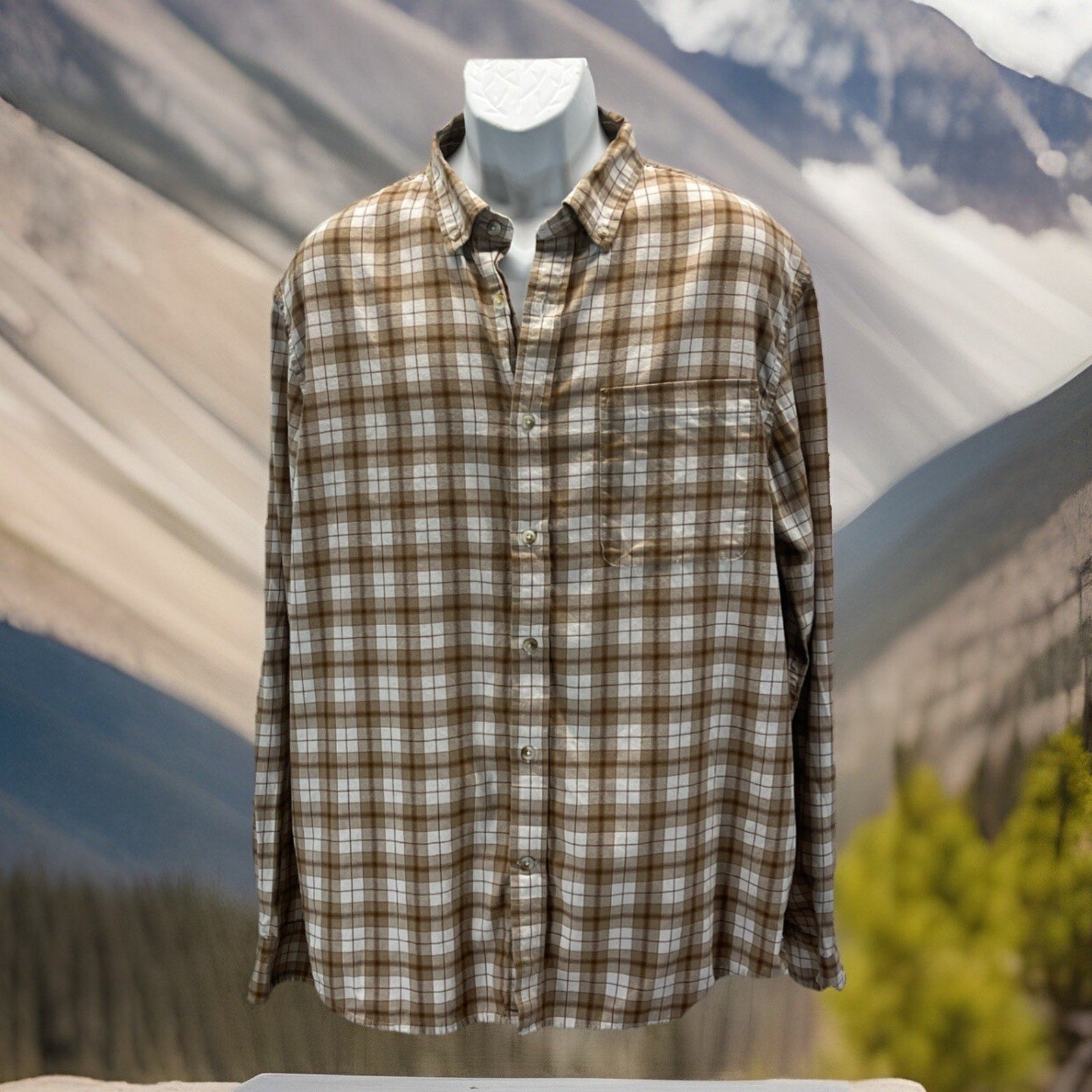 MENS BANANA REPUBLIC BROWN KHAKI MULTI PLAID SLIM FIT UNTUCK COTTON SHIRT XL