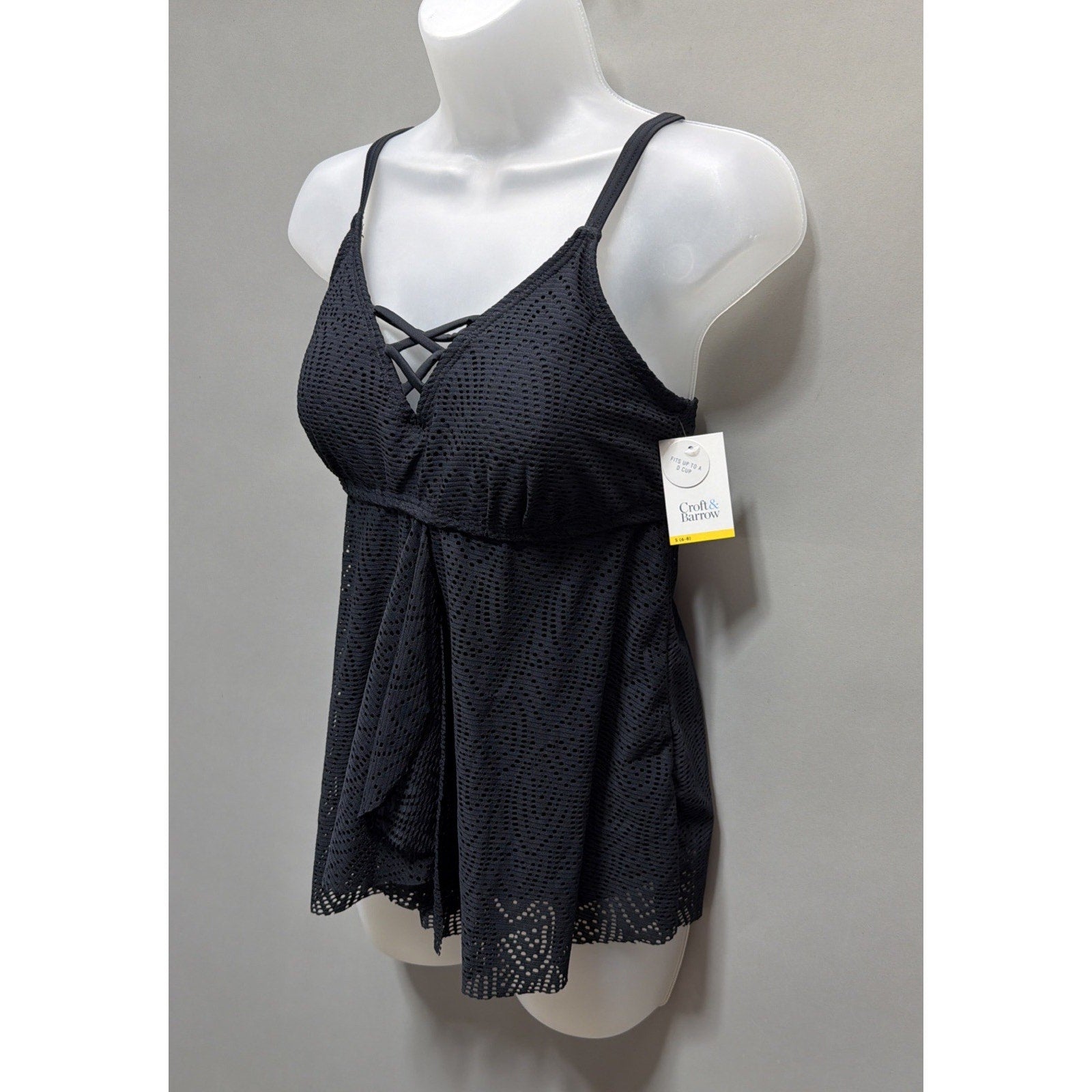Croft And Barrow Womens Black Eyelet Lace Tankini Top Crochet beach Resort S New