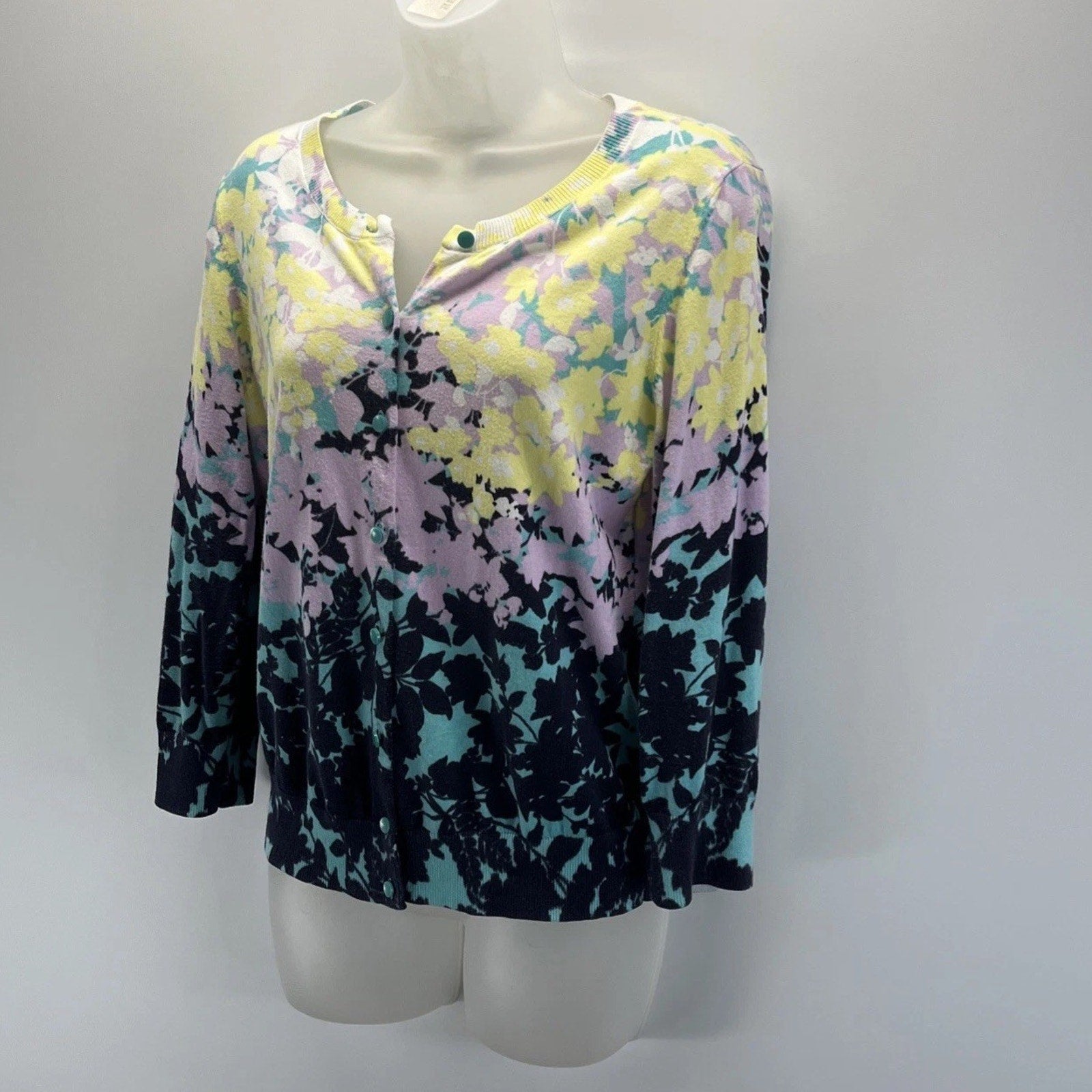 Talbots Floral Cardigan Sweater Button Up 3/4 Sleeve Cotton Rayon Size M