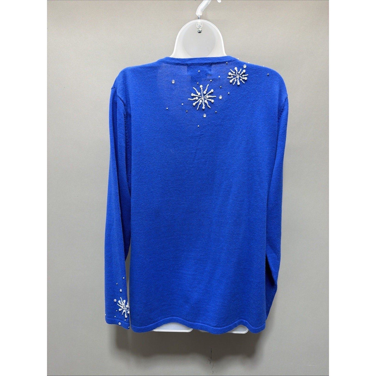 Berek2 Blue Sweater Angel/Snowflake Bead Pullover V-Neck Long Sleeve Size XL