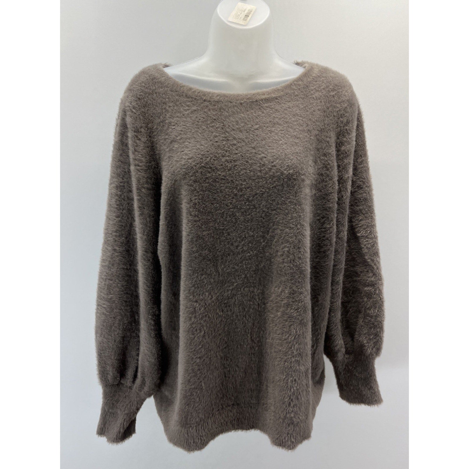 Chicos 1 Sz M Round Neck Soft Fuzzy Puff Sleeve Sweater Taupe