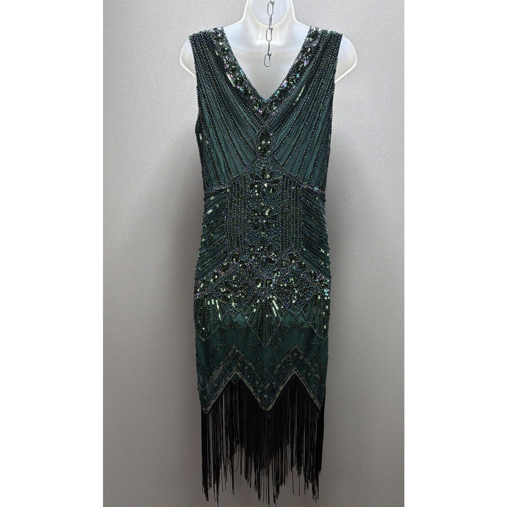 Myzbabe Women's 1920 Flapper Dress Sequins Fringed Sleeveless Gatsby Green Sz S