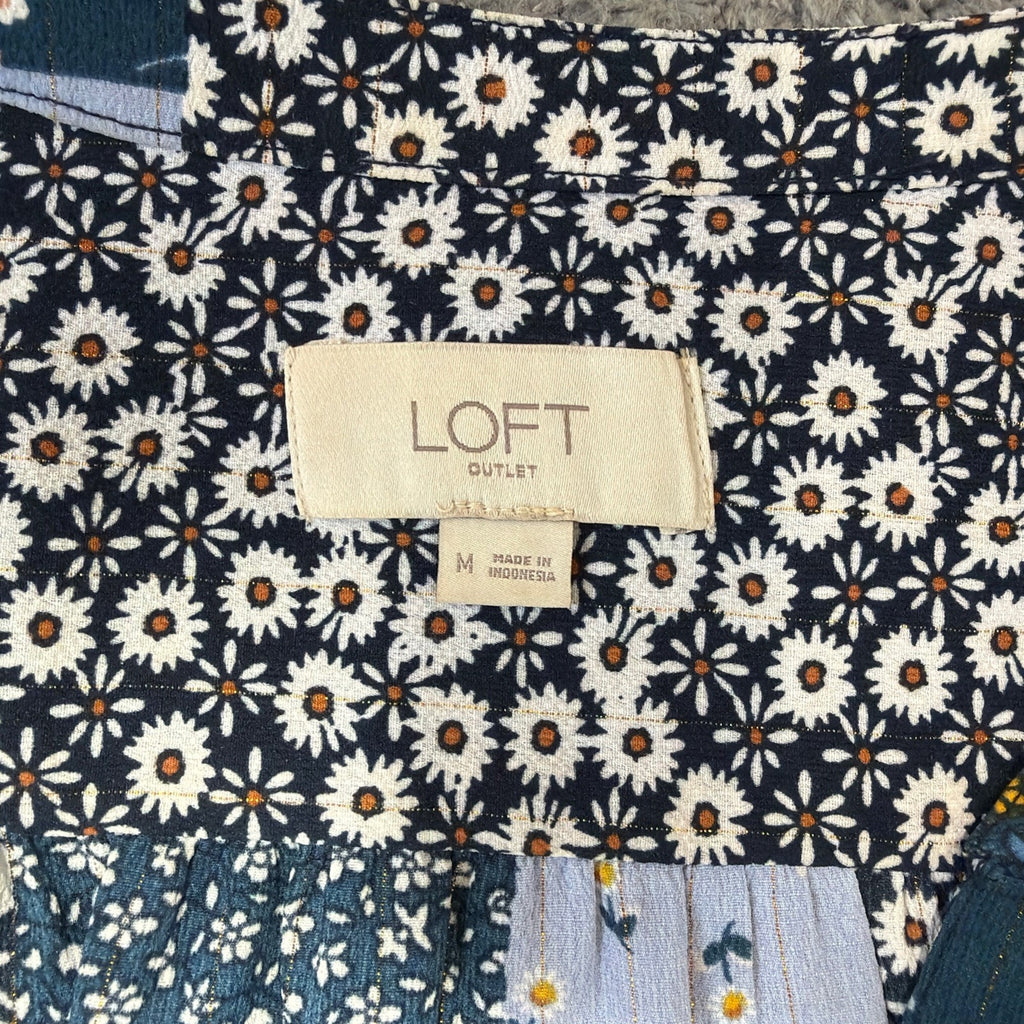 ANN TAYLOR LOFT Blouse M Blue Sheer Patchwork Boho Ditzy Fairy Floral Top