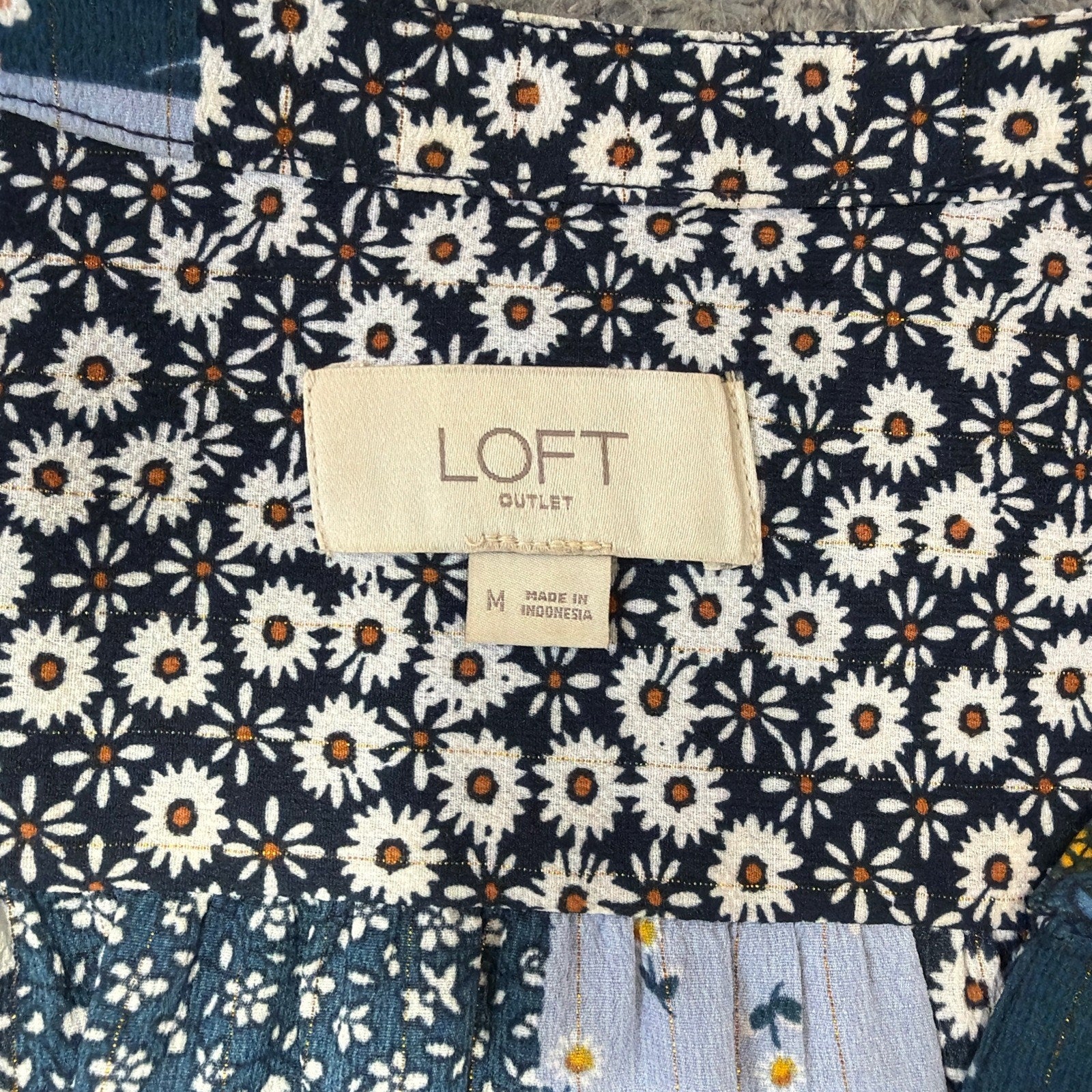 ANN TAYLOR LOFT Blouse M Blue Sheer Patchwork Boho Ditzy Fairy Floral Top