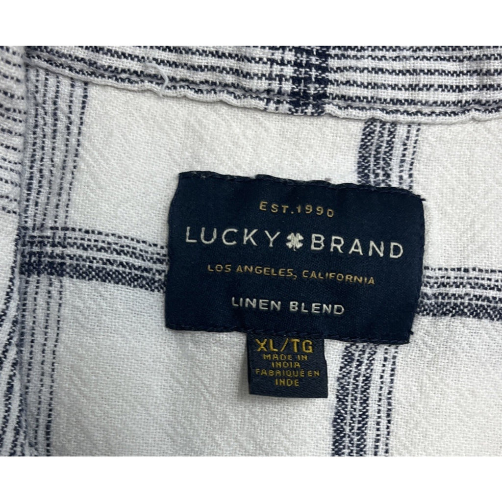 Lucky Brand Linen Blend Short Sleeve Plaid Button Front Shirt Men's XL White
