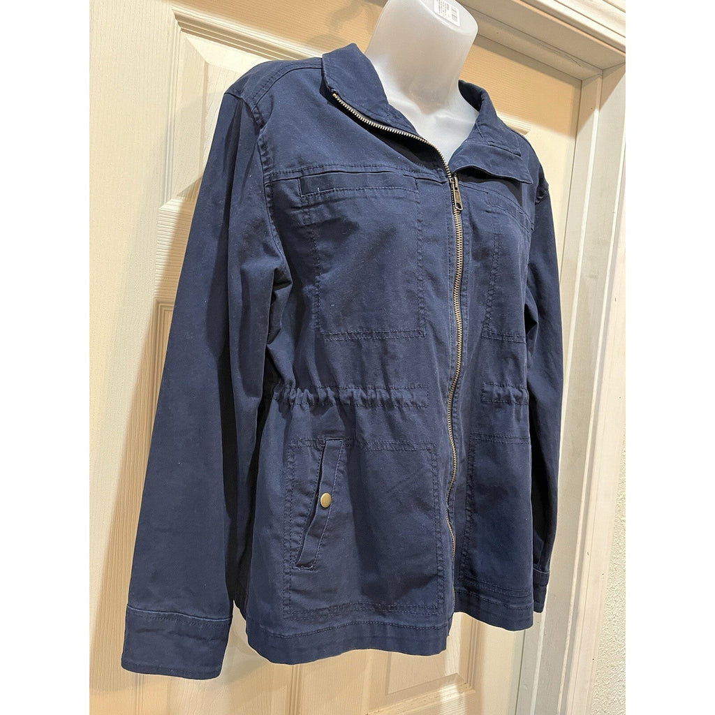 Old Navy Navy Blue Utility Military Jacket Front Zip Snap Pockets Cinch Waist S