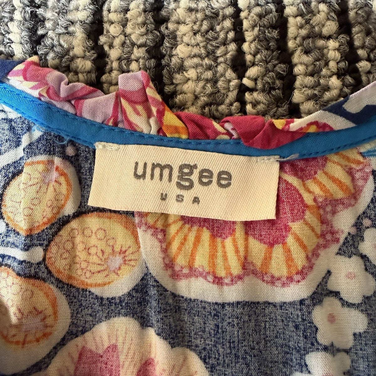 Umgee USA Women Floral Boho Babydoll Tunic Top Navy Tie Neck Long Sleeve