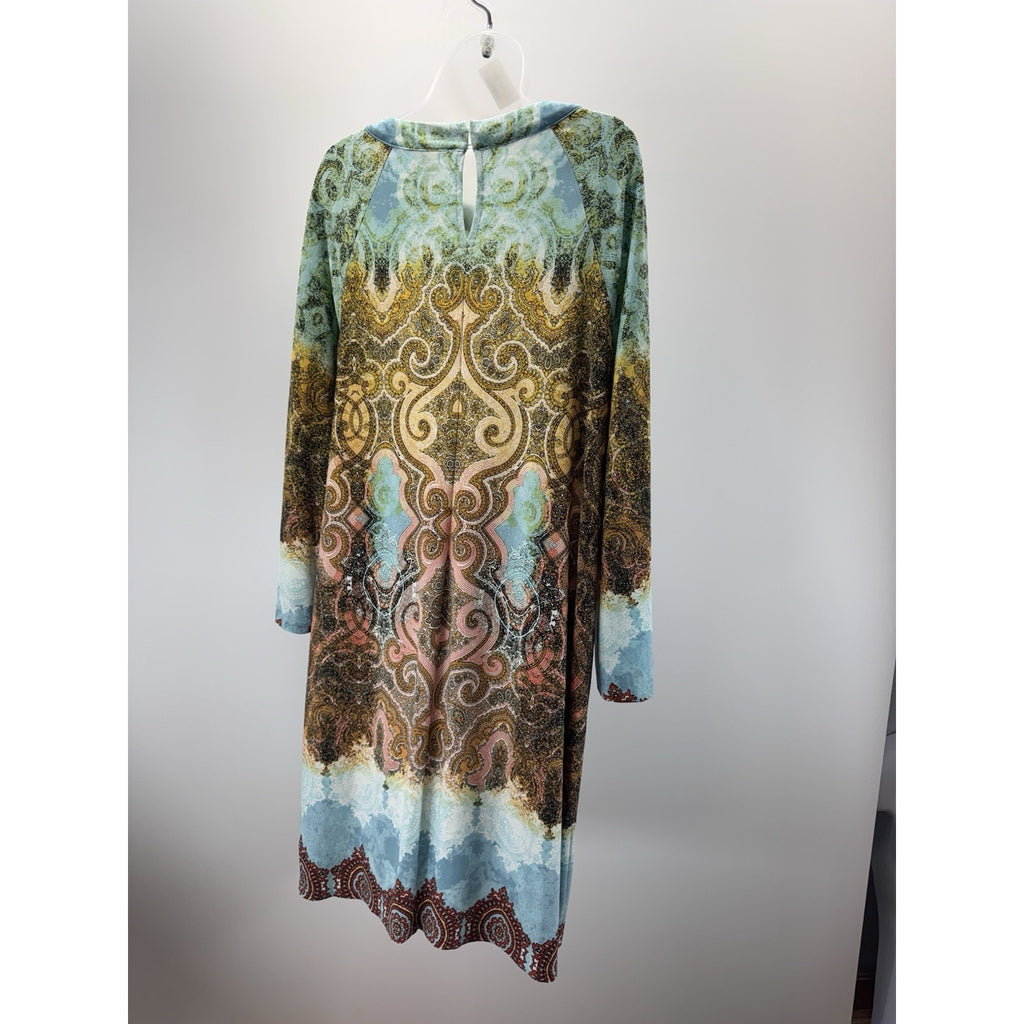 Chicos Cut Out Long Sleeves Beaded Neck Dress Aqua Print Size 3 (US XL)