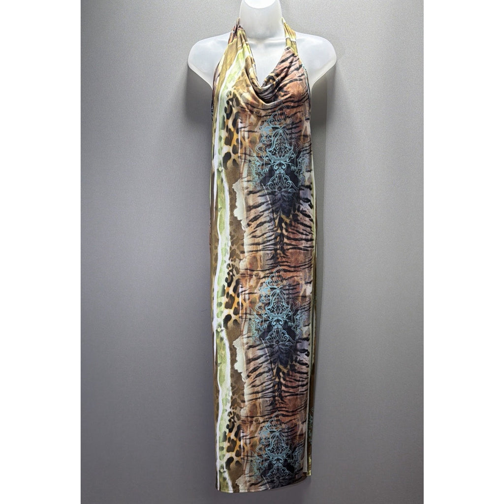 Akira Women's S Animal Print Halter V-Neck Side Slit Bodycon Dress NWT Stretch