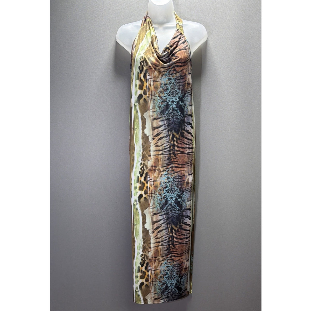 Akira Women's S Animal Print Halter V-Neck Side Slit Bodycon Dress NWT Stretch