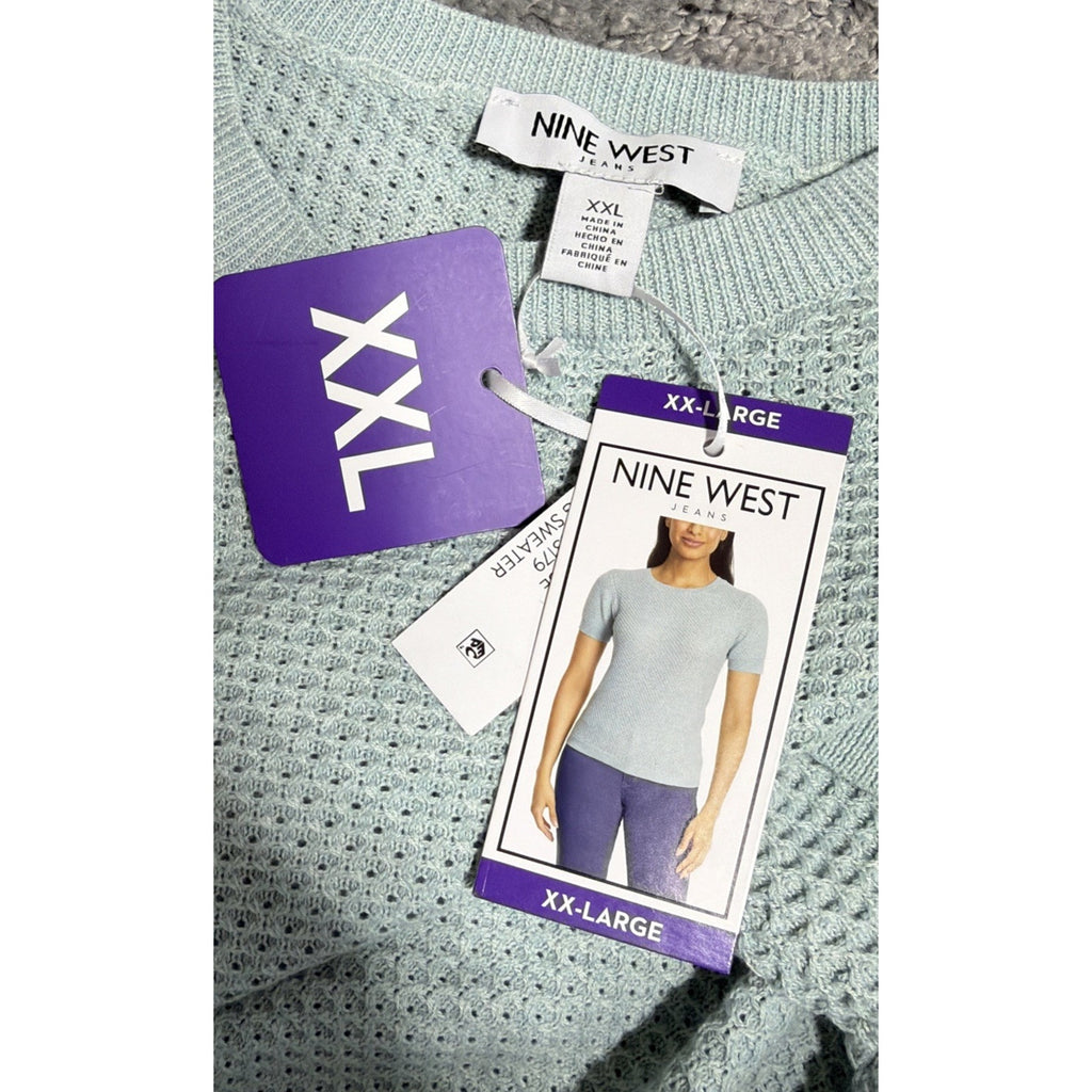 Nine West Women's Spring Sweater Short Sleeve, Teal Green, Waffle Weave XXL New