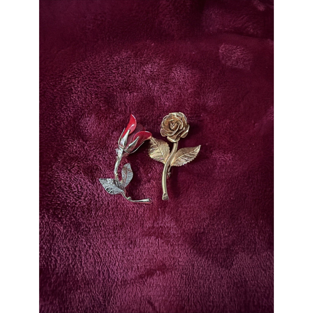 VTG Brooch 2PC Set Gold tone Red Rose Elegant Romantic Florals Pins