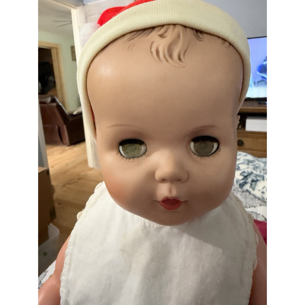 Vintage Baby Doll 24” Molded Brown Hair Sleep Eyes 25-11 Red Outfit Santa Hat