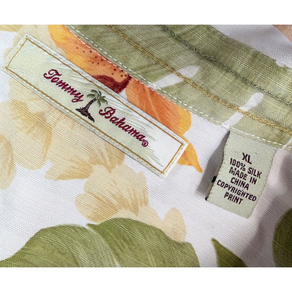 Mens Size XL Tommy Bahama 100% Silk Camp Shirt Yellow Green Foliage
