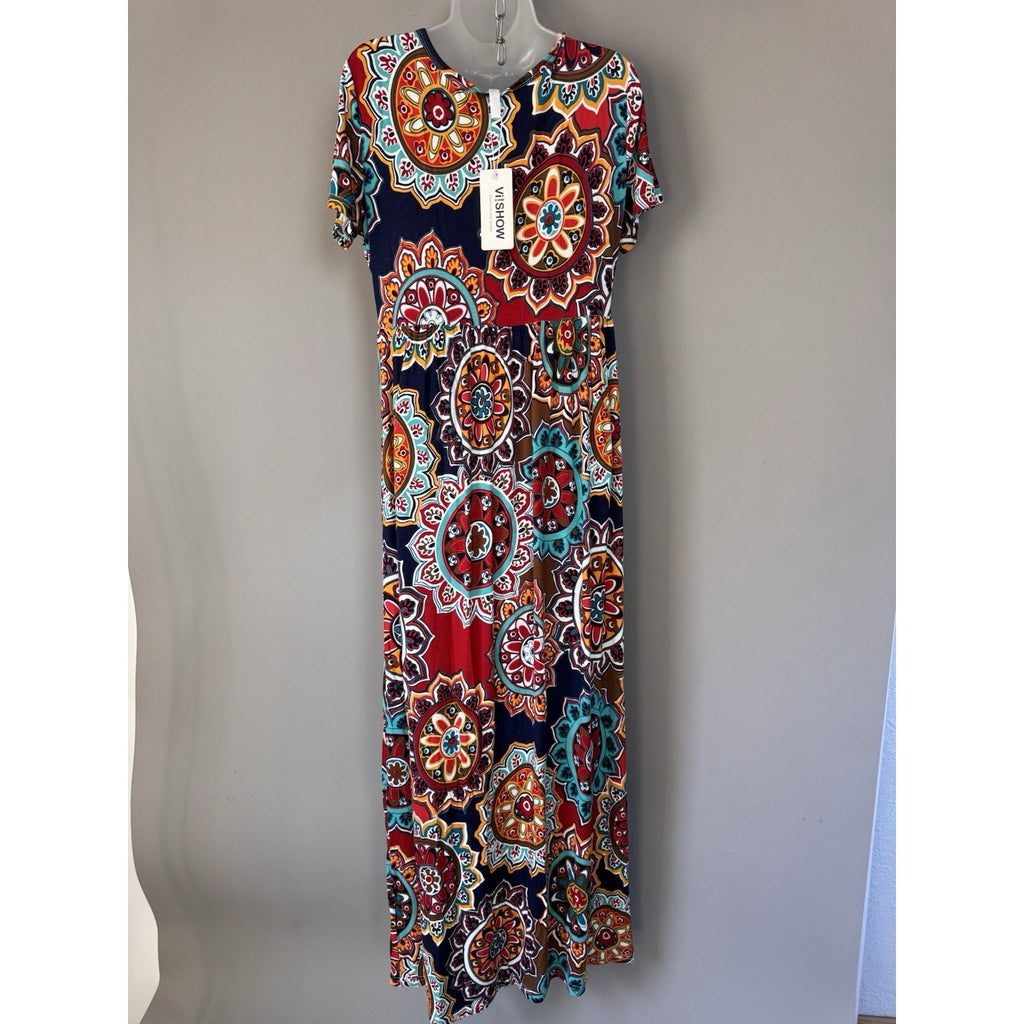 Vishow Maxi Dress Kaleidoscope Design Coral Navy Orange Women’s New Size XL