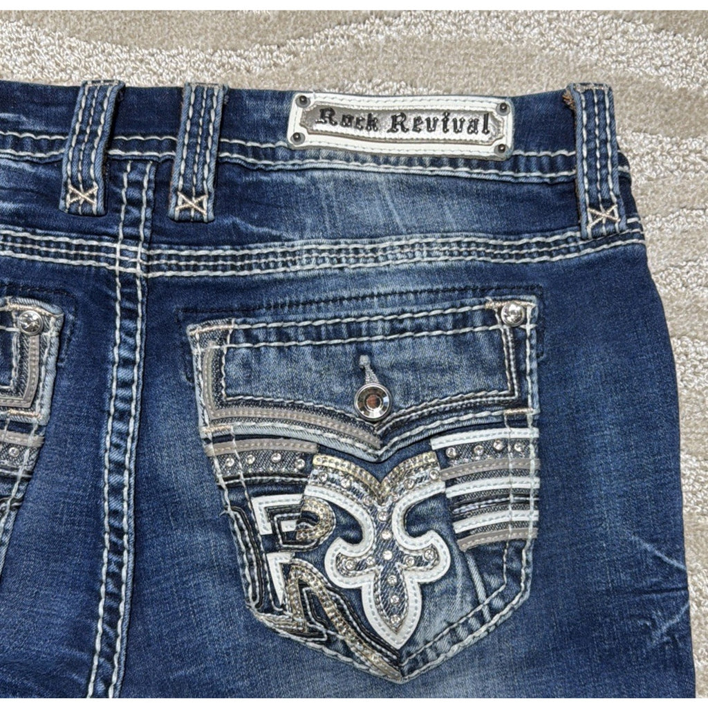 Rock Revival Fiery Red Easy Boot Denim Blue Jeans Embellished MidRise 31x28 Hem