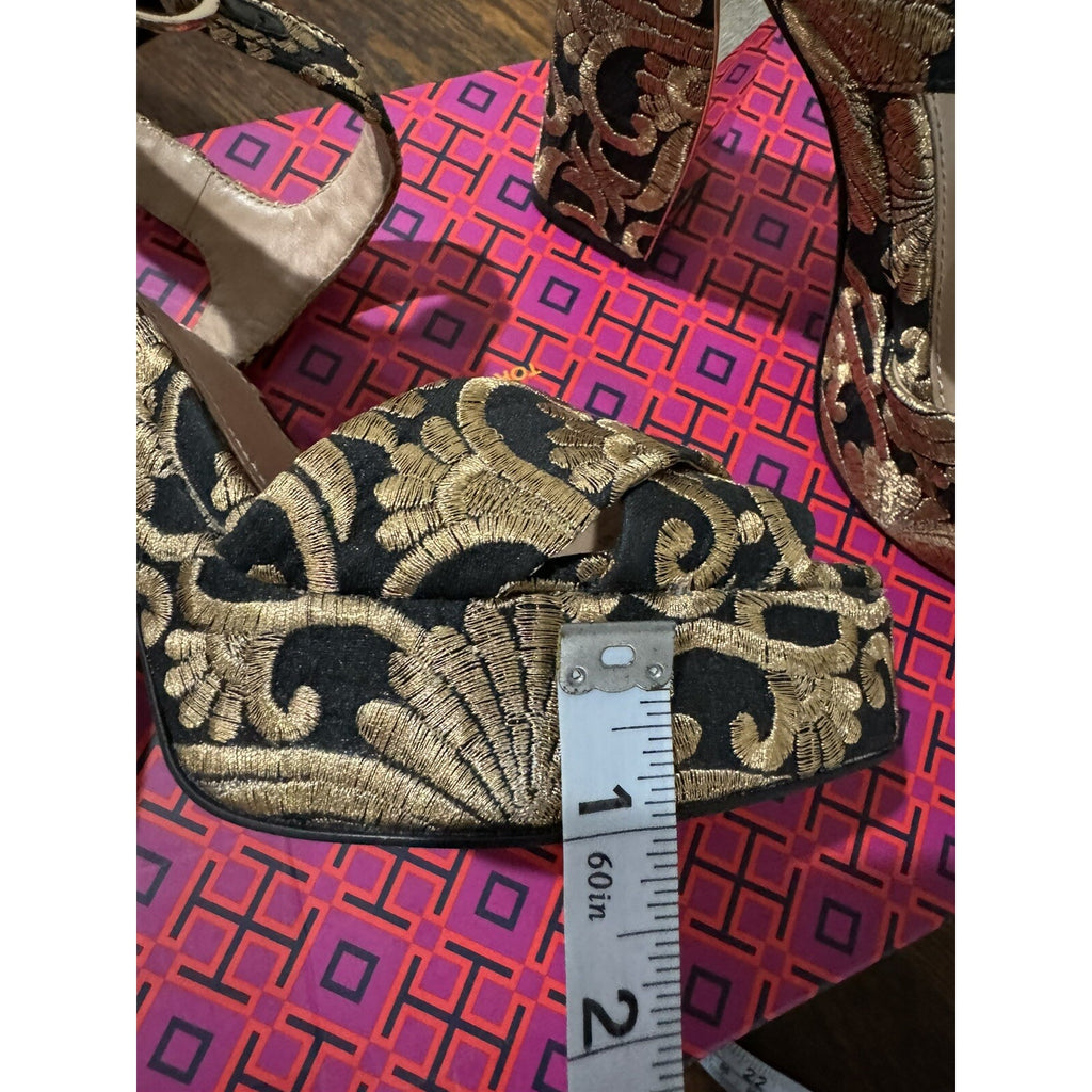 Tory Burch Loretta Embroidered Platform Sandals Black/gold 6.5 NWB