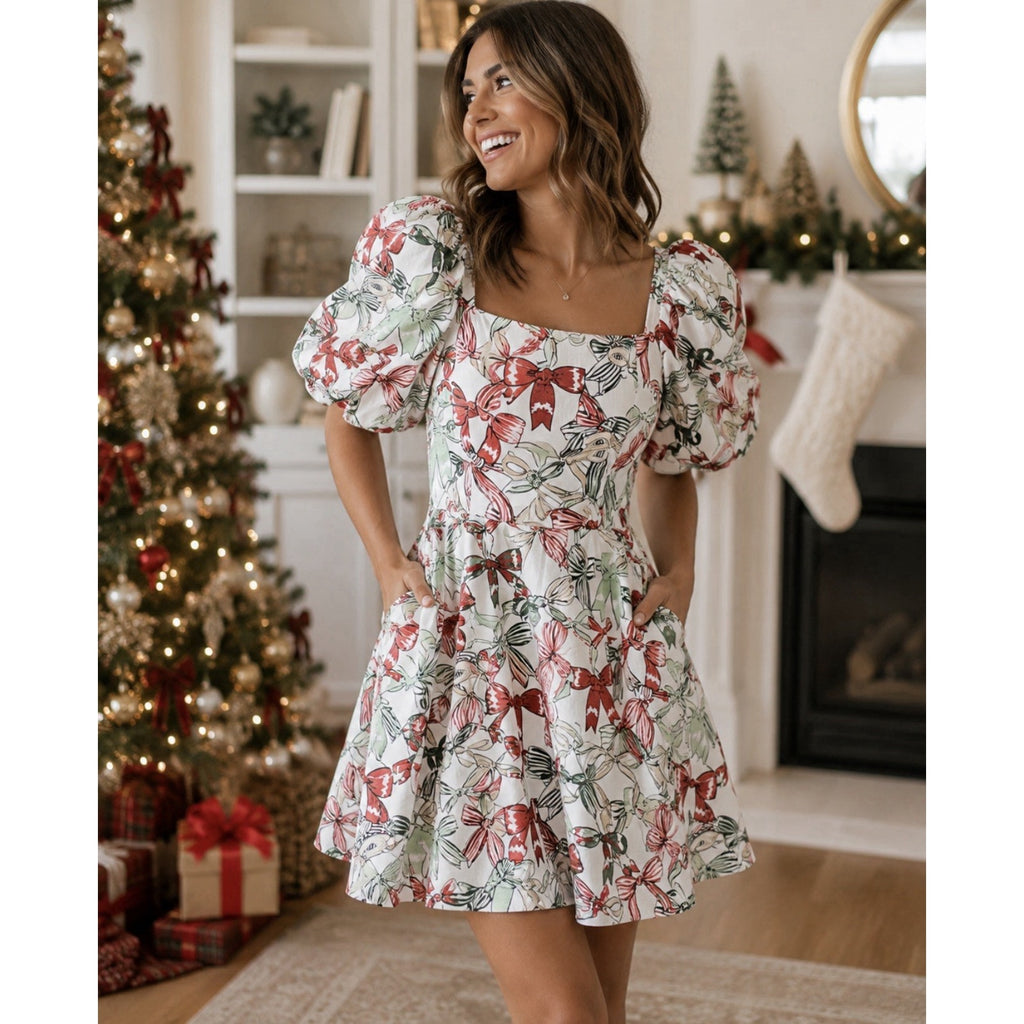 Crown & Ivy Sewing Down South Sew Merry Bow Print Puff Sleeve Mini Dress M