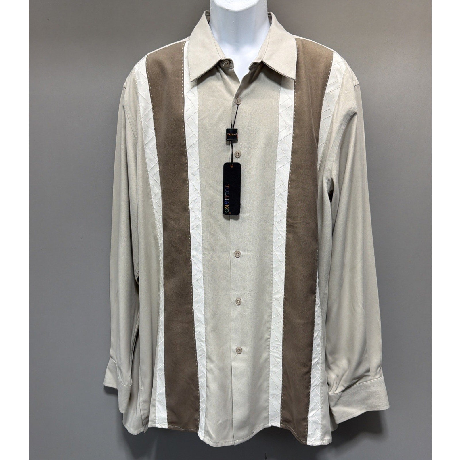 Tulliano Men’s 100% Silk Button Front Shirt XXL Beige Taupe Colorblock LS NWT