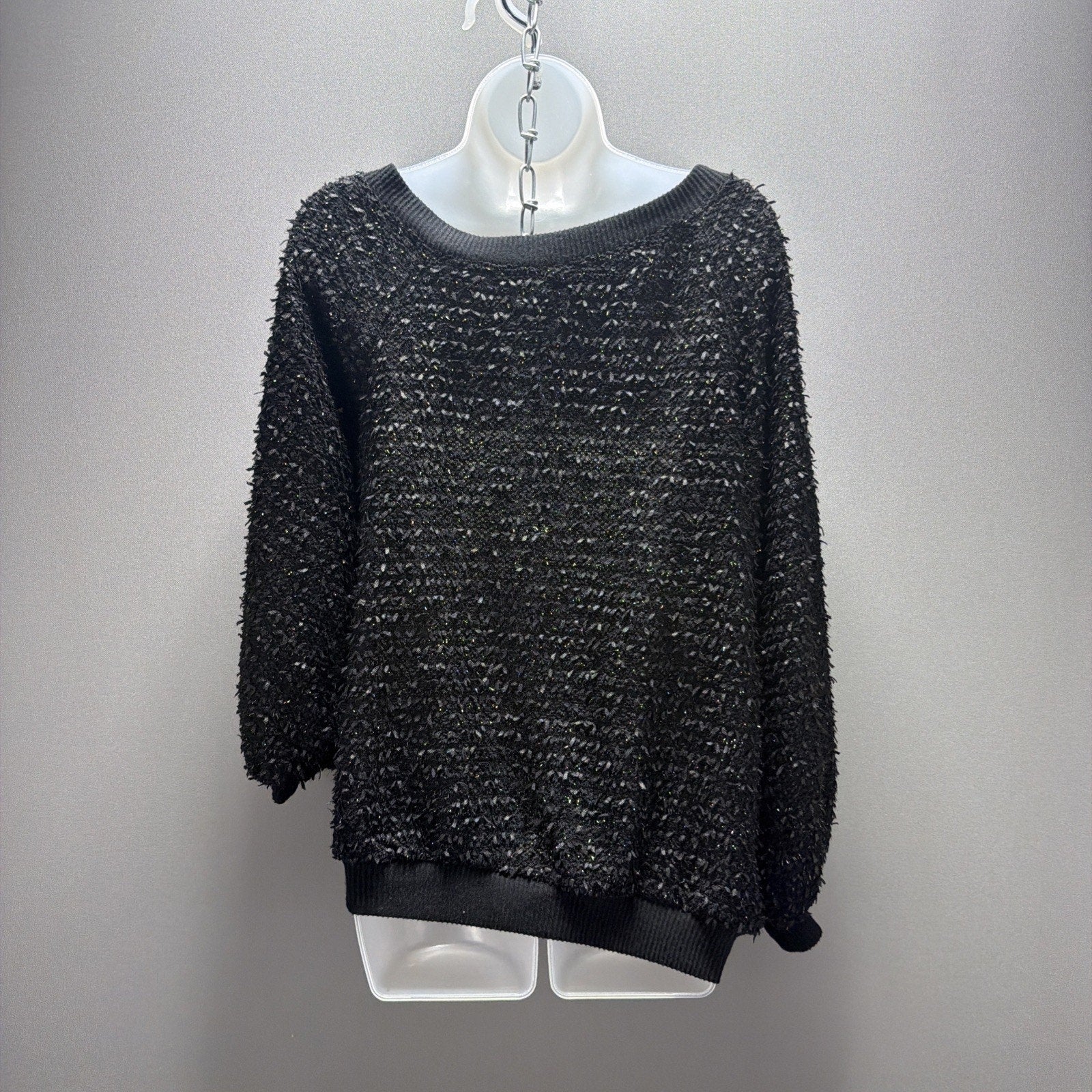 NWT 1. State Women's S Black Fringe Balloon Sleeve Silver Shimmer Sweater Stretc