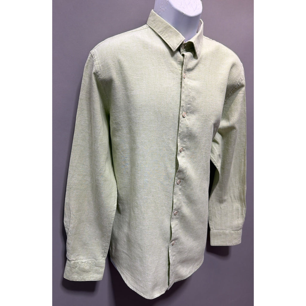 Tasso Elba Shirt Mens Large Green Linen Button Up Long Sleeve Casual Beach Prep