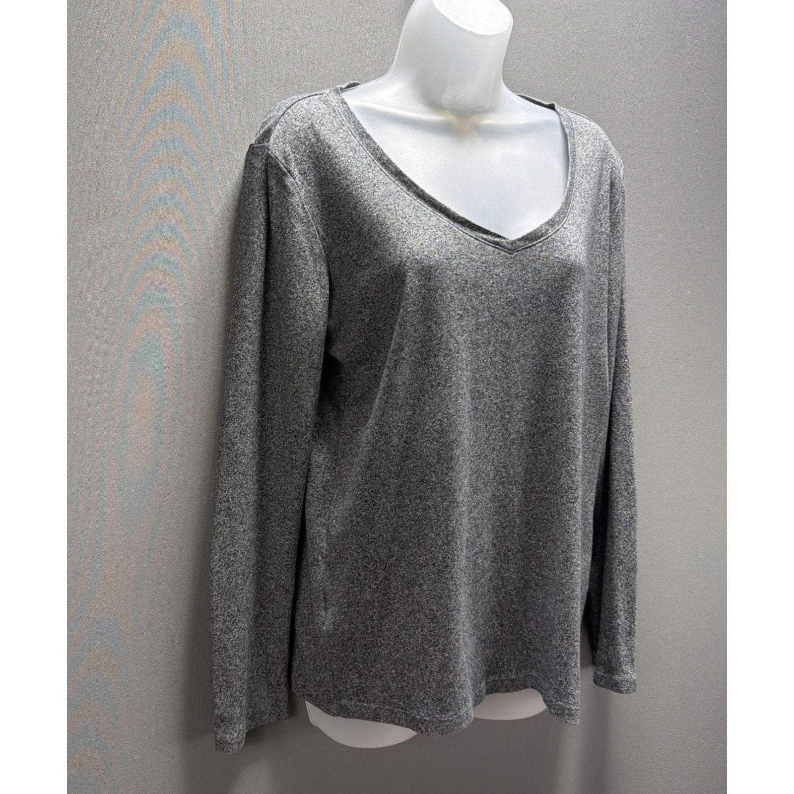 Eddie Bauer Top Womens Size Large Gray Knit Cotton V-Neck Long Sleeve Pullover