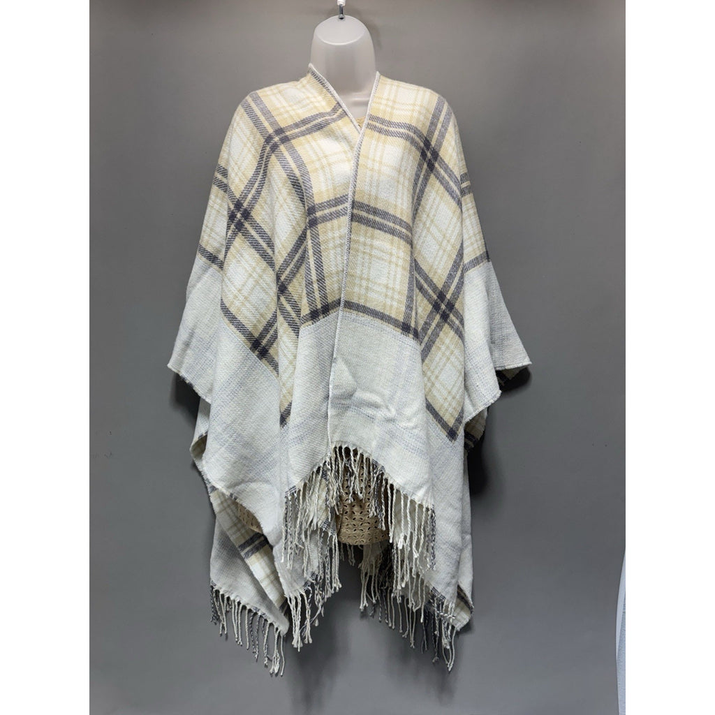 NWT Origami by Vivien Oversized Plaid Poncho Shawl Wrap Fringe One Size Ivory